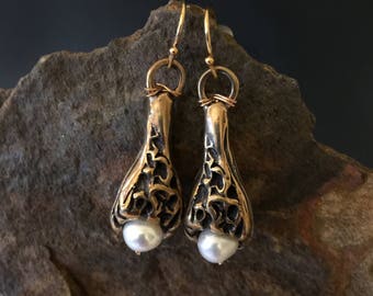 Bronze and Pearl Pod Earrings