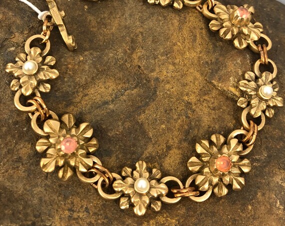 Historically inspired hand carved bronze bracelet with 4mm padparadscha sapphires and pearl accents