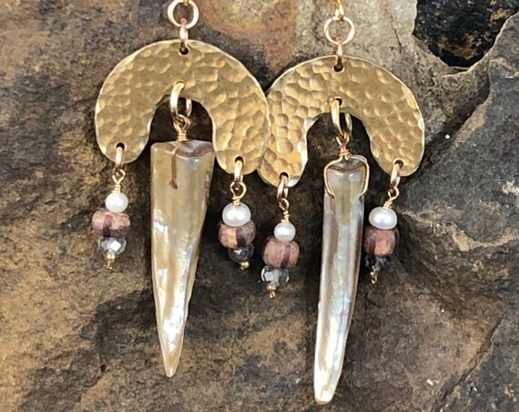 Bronze and Shell Dangle Earrings