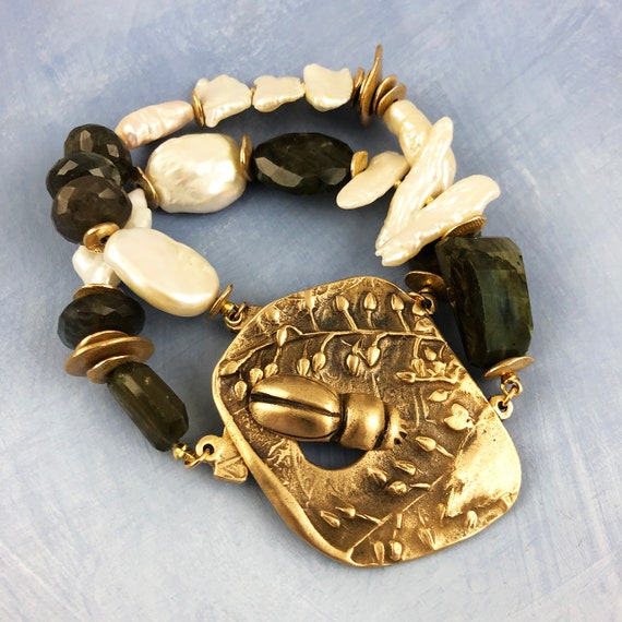 Bronze botanical bracelet with freshwater pearls
