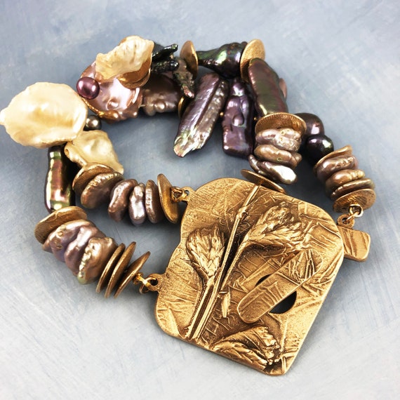 Bronze botanical bracelet with freshwater pearls