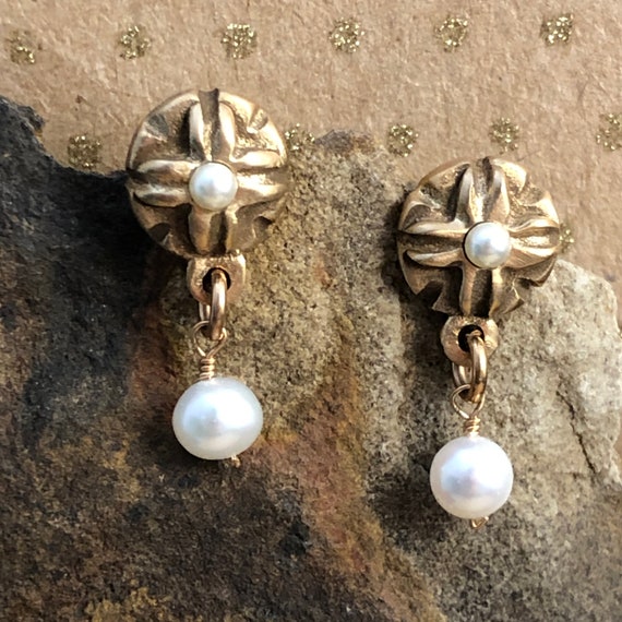Bronze Post Earrings with Pearl