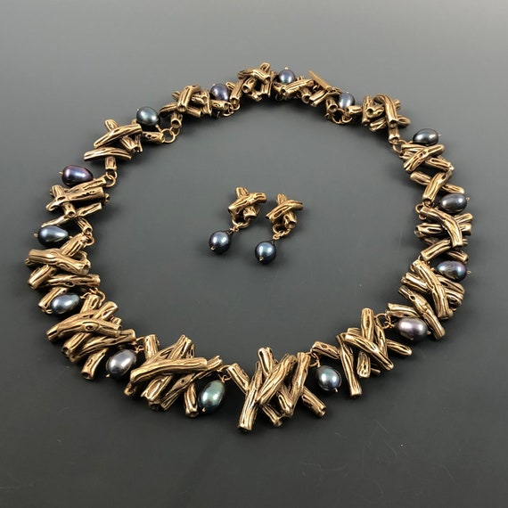 Hand sculpted bronze twig necklace/earring set with peacock color pearl drops