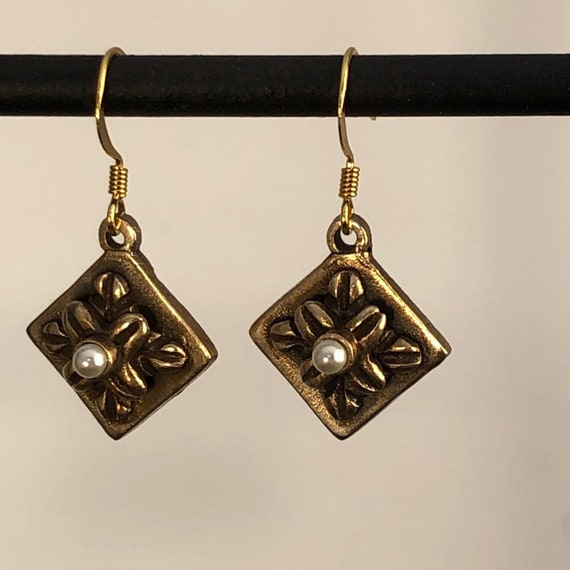 Historically inspired bronze and pearl earrings