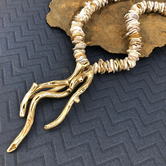 Bronze branches necklace with Keishi pearls
