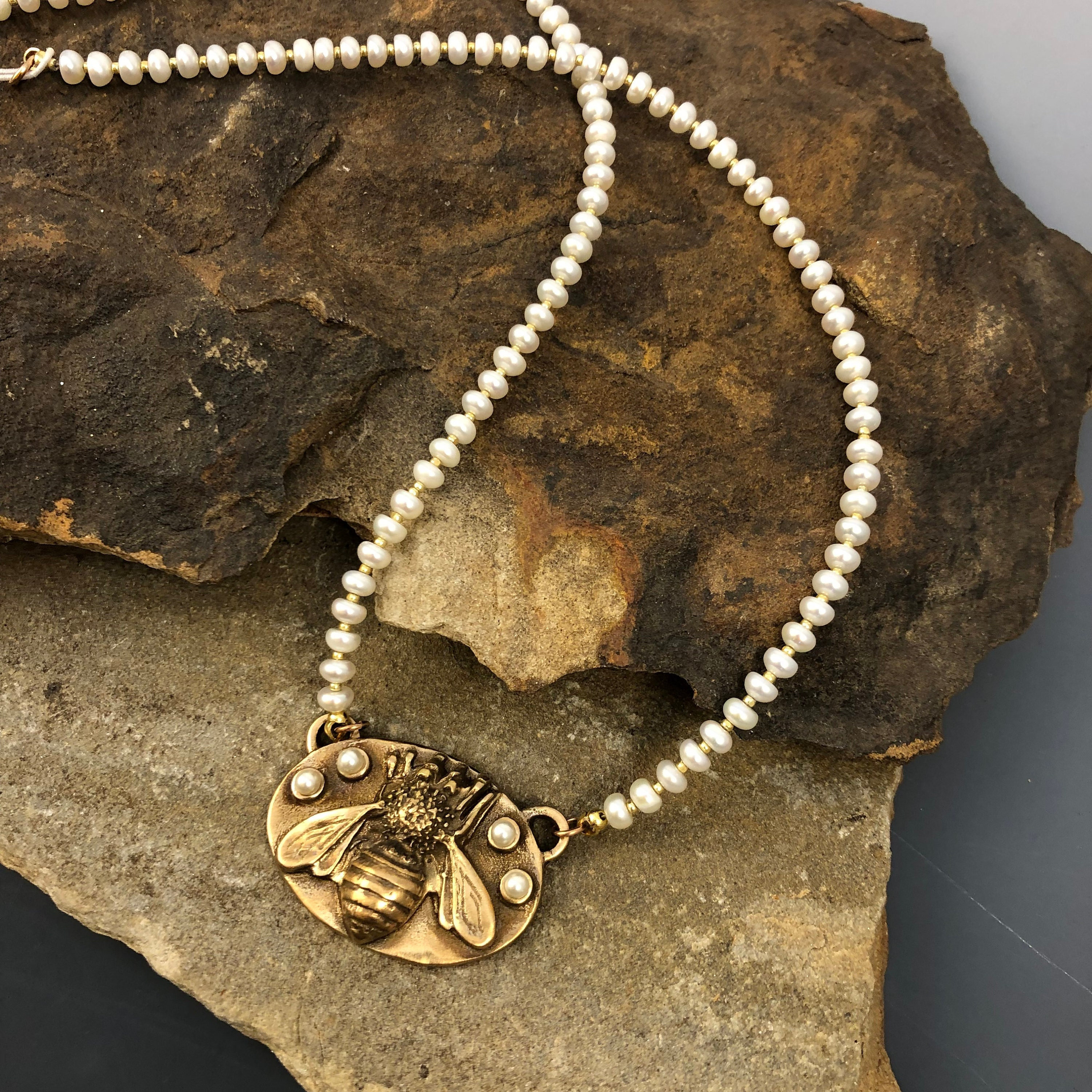 Bronze Bee Pendant with Pearls