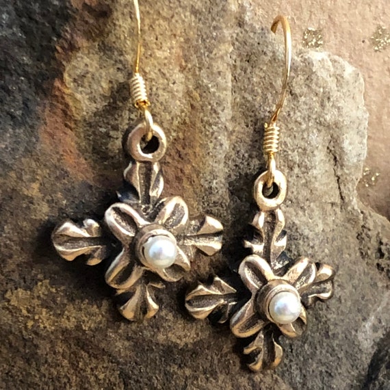 Historically inspired, hand carved bronze earrings with pearls