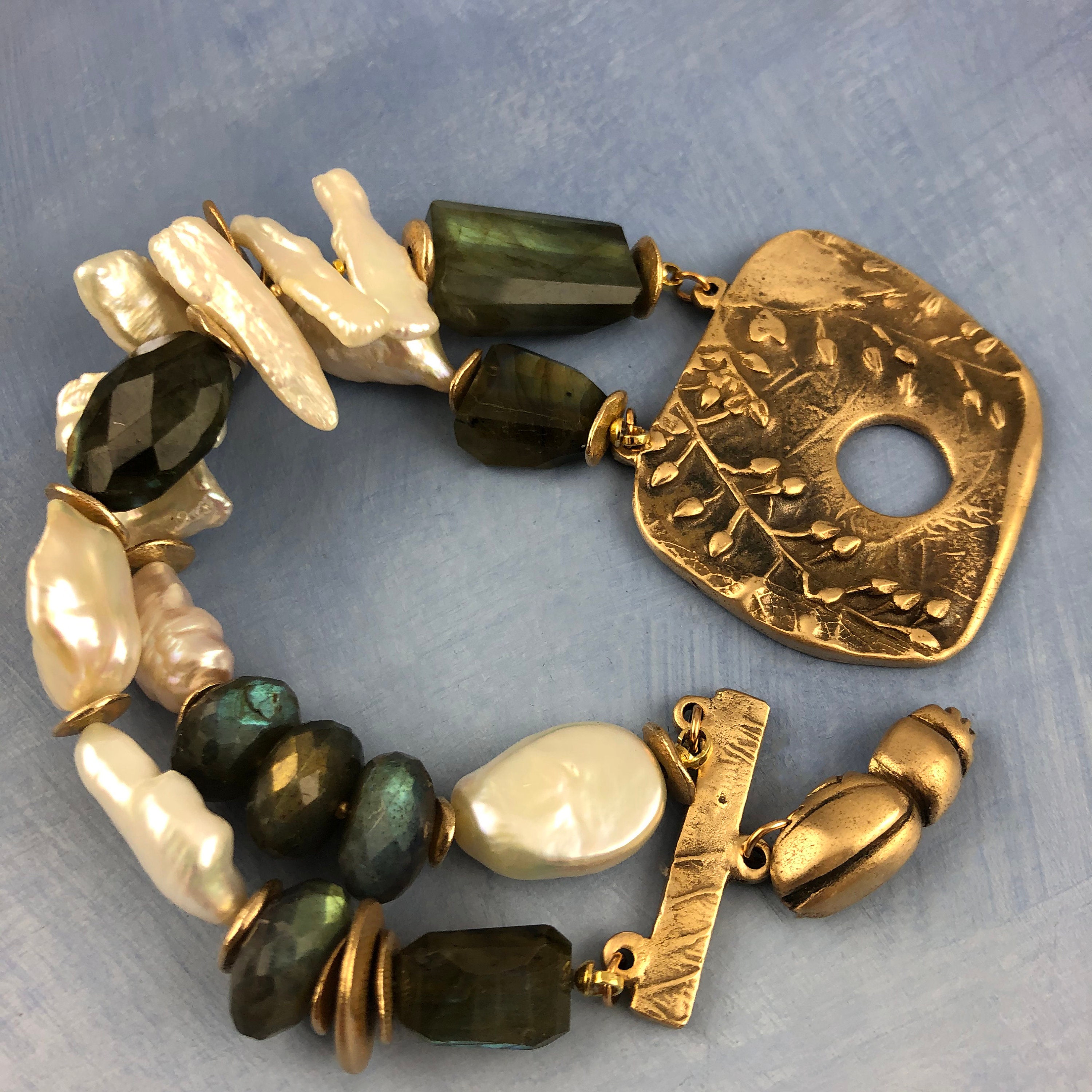 Bronze botanical bracelet with freshwater pearls