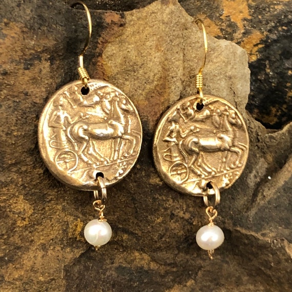 Historically inspired bronze earrings with pearl drops