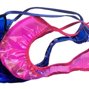 以下が含まれることがあります： 青とピンクの透き通ったシアーな下着が2組。下着は光沢のある絹のような素材でできており、シンプルでクラシックなデザインです。