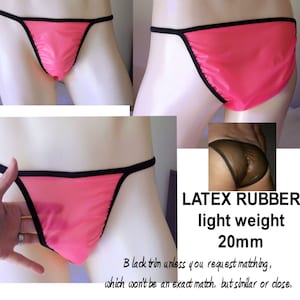 Pode incluir: Roupa interior de látex rosa com acabamento preto. A roupa interior é feita de látex de 20 mm de espessura e é leve. LATEX RUBBER light weight 20mm Black trim unless you request matching, which won't be an exact match, but similar or close.