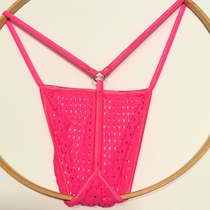 May include: Pink mesh underwear with a ring detail at the front.