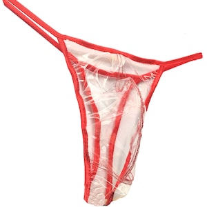 May include: Transparent red lingerie with a thin strap design.