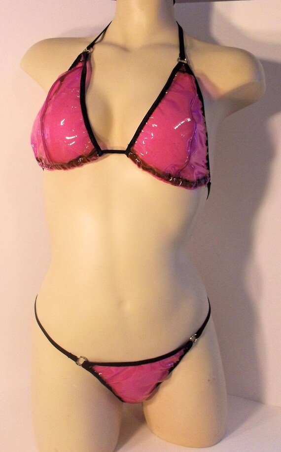 CLEAR Plastic PVC Bikini G String Thong Fetish Nudist Exotic Dancer PURPLE ROSE