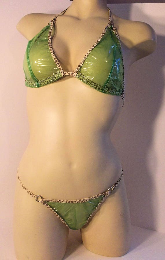 CLEAR Plastic PVC Bikini G String Thong Fetish Nudist Exotic Dancer PURPLE ROSE