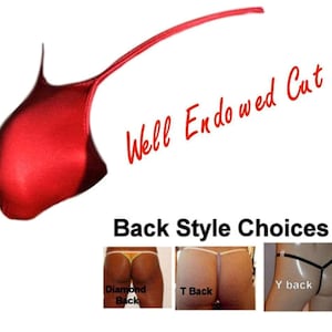 May include: Red satin thong with a well endowed cut.  The image shows three different back styles: diamond back, T back, and Y back.