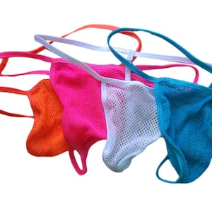 May include: Four pairs of mesh underwear in different colours: orange, pink, white and blue. The underwear is made from a soft, breathable material and has a comfortable fit.