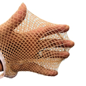 May include: A close-up of a brown mesh fabric with a fine, even weave. The fabric is stretched and held in a hand, showing its flexibility and texture.