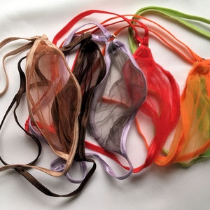 May include: A set of six sheer lingerie thongs in various colours, including brown, purple, red, orange, and green. The thongs are made of a delicate, mesh-like fabric.