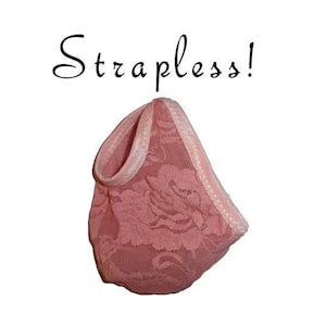 May include: Strapless pink lace lingerie with a delicate floral pattern.