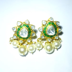 Polki Diamond Emerald Pearl Earrings: Gold Plated 925 Sterling Silver Indian Jewelry