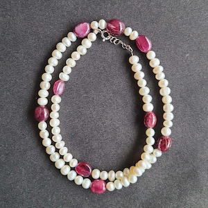 925 Sterling Silver Jewelry, Ruby Necklace, AAA 100% Natural Pearl Beads Necklace, 5-6mm Pearl Beads Necklace, Lapis Lazuli Necklace,