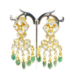 Polki Diamond & Emerald 925 Sterling Silver Earrings: Gold Plated Party Jewelry