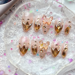 Personalized Gold Butterfly Press On Nails | Custom Nail Art Yellow Glam Glitter 3D Trendy Nails | Handmade Gifts For Women Her
