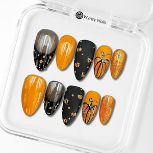 Custom Pumpkin Press On Nails | Autumn Fall Halloween Nail Set | Orange Black Glitter Fake Nails | Handmade Reusable Nails