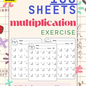 Może przedstawiać: Zeszyt ćwiczeń ze 100 arkuszami ćwiczeń z mnożenia, z tekstem "100 SHEETS multiplication EXERCISE" w kolorze niebieskim i czerwonym. Zawiera klucze odpowiedzi. Przeznaczony do celów edukacyjnych.