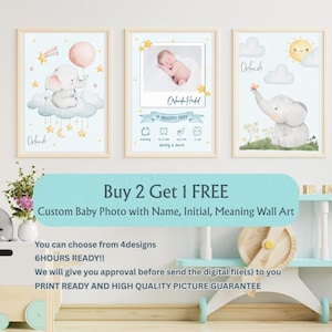 6-Hours READY Personalized Custom Buy 2 Get 1 FREE Baby Photo with Initial and name Digital Wall Art gift for birthday, baby born Poster