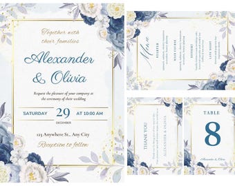 Elegant Custom Wedding Invitation Set – Digital Bundle with RSVP, Menu, Table Numbers & More