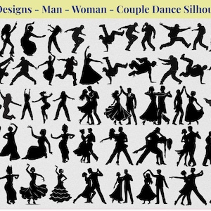 Puede incluir: Una colección de 60 diseños de siluetas negras de figuras de baile, incluyendo bailarines solistas y parejas. La imagen presenta varias poses y estilos de baile, con el texto "60 Designs - Man - Woman - Couple Dance Silhouette" en la parte superior.