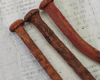 3 clavos de metal oxidados, arte ferroviario, objetos encontrados, suministros, técnica mixta