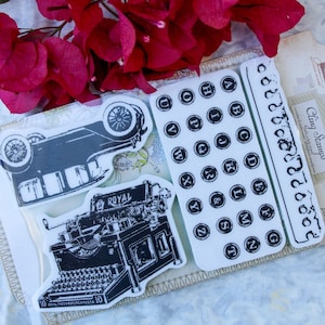 Jeu de 4 tampons autocollants pour romans d'amour Prima, machine à écrire, alphabet, automobile 4x6