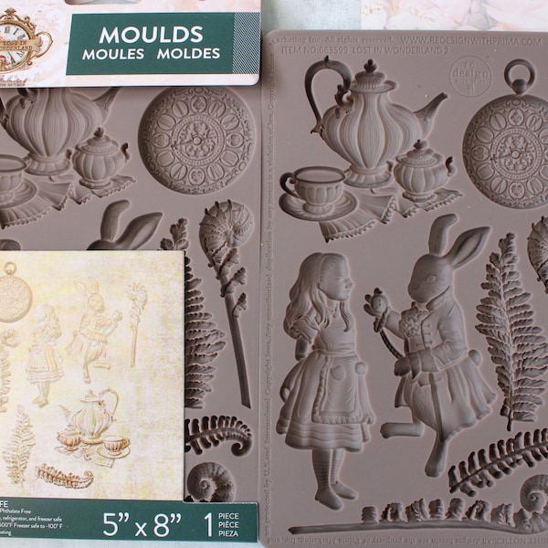 Follow Alice Silicone mold 5 x 8 inch Wonderland tea set watch for resin clay food safe chocolate