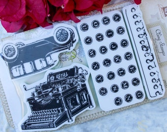 Romance Novel Cling Stamp Typewriter, Alphabet, Automobile 4x6 4 piece set Prima