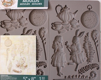 Follow Alice Silicone mold 5 x 8 inch Wonderland tea set watch for resin clay food safe chocolate