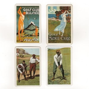 May include: Four vintage postcards featuring golfers on a green course. The top left postcard features a woman golfer in a yellow and orange outfit with the text "Golf Club Dalsace" and "Séléstat". The top right postcard features a woman golfer in a white dress with the text "Golf Monte-Carlo". The bottom left postcard features three golfers on a green course with the number "6" visible. The bottom right postcard features a golfer in a white shirt and brown pants with a golf club.