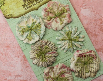 Paper Floral Embellishments Prima Marketing 6 flowers printed pastels