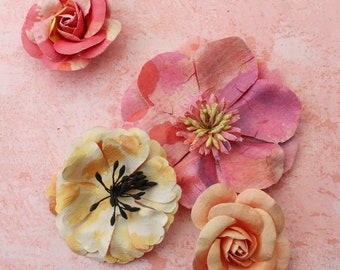 Paper Floral Embellishments Prima Marketing 4 pink coral flowers