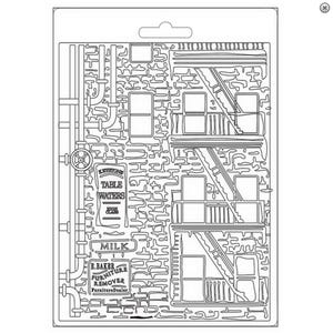May include: Black and white line drawing of a brick building with a fire escape. The building has several windows and signs that read "Keystone Table Waters", "Milk", and "R. Baker Furniture Remover Furniture Dealer".