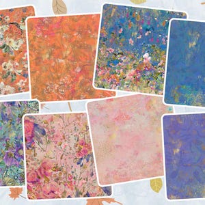 K&ouml;nnte beinhalten: Ein Set aus zehn digitalen Papierdesigns mit floralen Mustern in verschiedenen Farben, darunter Blau, Rosa, Orange und Lila. Die Papiere haben einen Vintage-Look mit Used-Optik und eignen sich perfekt f&uuml;r Scrapbooking, Kartenherstellung und andere Bastelprojekte.