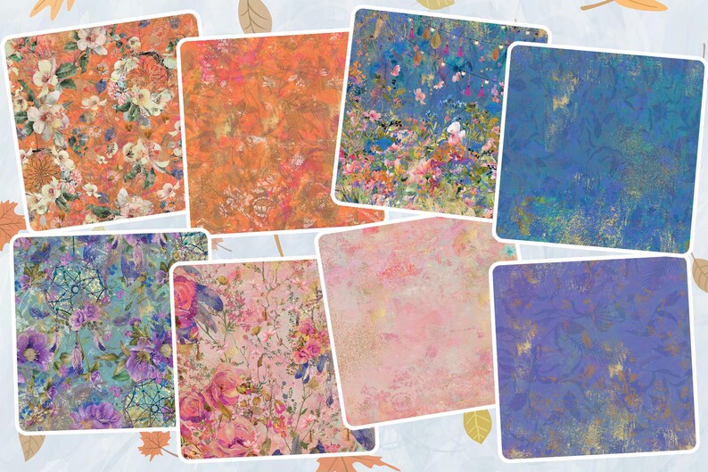 K&ouml;nnte beinhalten: Ein Set aus zehn digitalen Papierdesigns mit floralen Mustern in verschiedenen Farben, darunter Blau, Rosa, Orange und Lila. Die Papiere haben einen Vintage-Look mit Used-Optik und eignen sich perfekt f&uuml;r Scrapbooking, Kartenherstellung und andere Bastelprojekte.