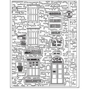 May include: A black and white line drawing of a building with multiple storefronts. The building has a brick facade with various signs and advertisements, including "Holbrook Sauce", "Colmans Mustard", "New York Time 1890", and "Brooke Bond Tea".