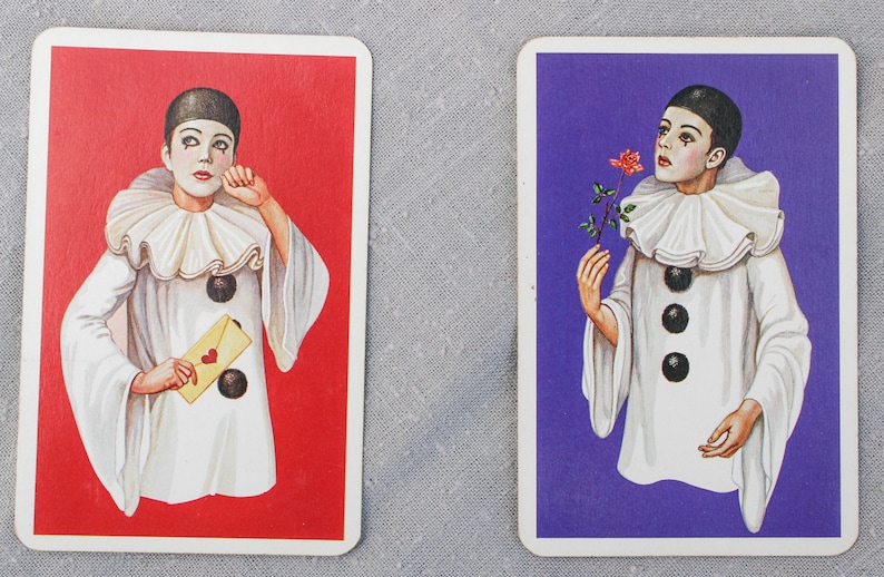 4 Pierrot Clowns Playing Cards from Vienna for ATCs Swap Vintage Platnik Mime Harlequin image 1