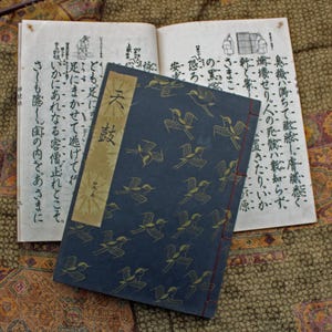 May include: Two antique Japanese books with a dark blue cover with a pattern of gold birds. The book on the right is open and shows handwritten text in Japanese. The book on the left is closed and has the title "天鼓" written on the cover.