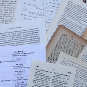 50 Multi-Language Book Pages in Hebrew, Chinese, Japanese, French, Cyrillic, Old German, Greek, Polish, Spanish Paper Ephemera