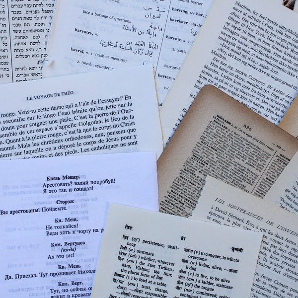 50 Multi-Language Book Pages in Hebrew, Chinese, Japanese, French, Cyrillic, Old German, Greek, Polish, Spanish Paper Ephemera