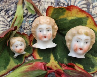 3 Blond China Doll Heads Porcelain Tiny Beautifully Painted German Antique Broken